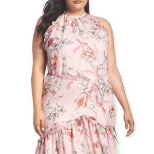 Elegant Sleeveless Pink Floral Ruffle Trim Midi  Long Dress NEW